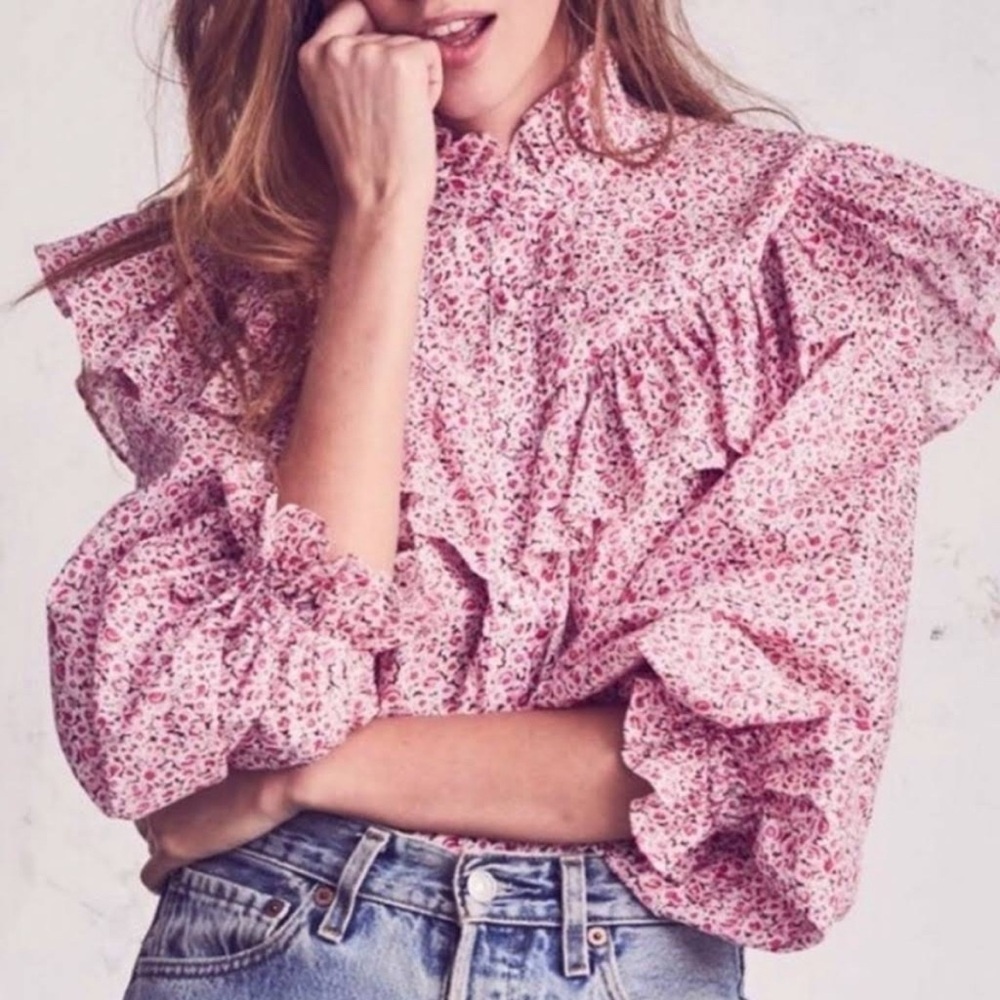 LoveShackFancy Erica Floral Ruffle Top,‎ Women's Size XS